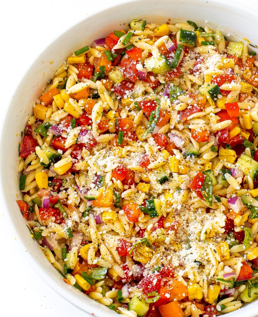 Bowl of summer orzo pasta salad.